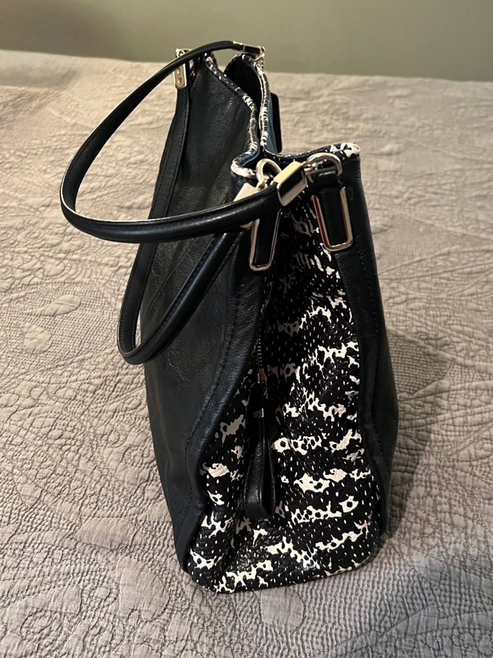 Coach Edie Tote in Black Leather with Python Blk/White Trim with Gold Metal